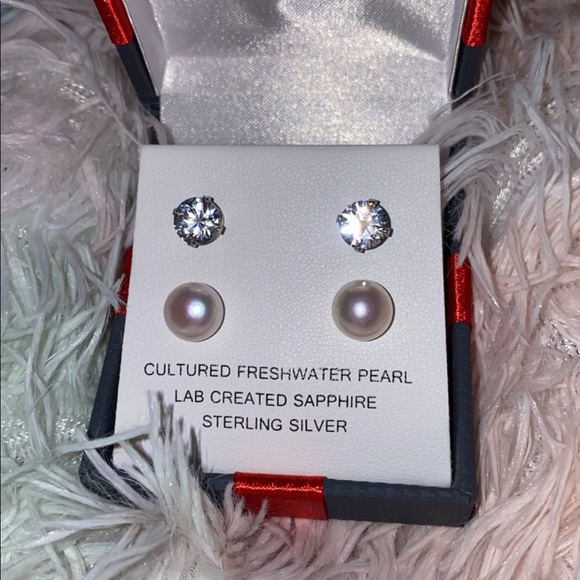 Lab Created White Sapphire and Cultured Freshwater Pearl Earring Set - Picture 6 of 6